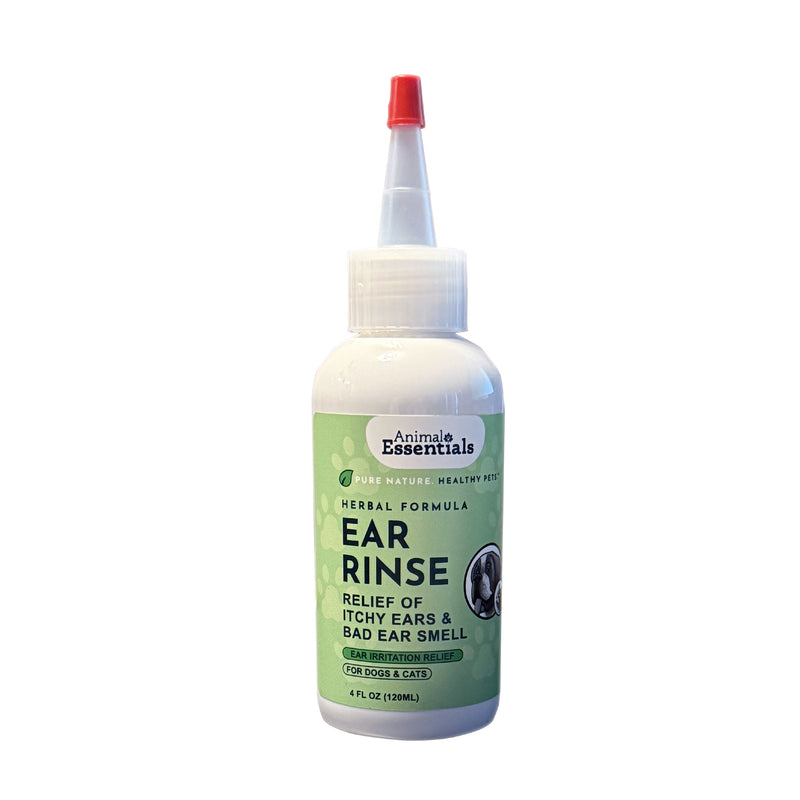 Animal Essentials Herbal Ear Rinse for dogs and cats, formulated with aloe, calendula, vinegar, and olive leaf to cleanse ears and support ear canal health.