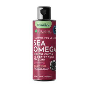Animal Essentials Sea-Omega for dogs and cats, a marine-sourced omega-3 oil made from wild-caught salmon and pollock to support skin, coat, and heart health.