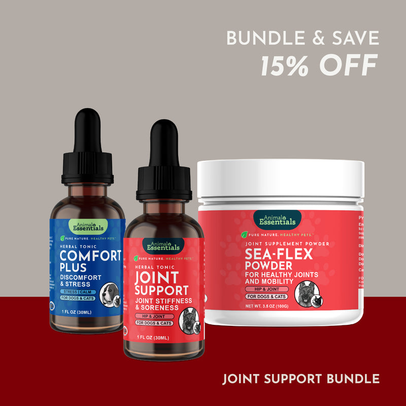 Animal Essentials Joint Support Bundle products for dogs and cats, including herbal formulas and powders for mobility and joint health.