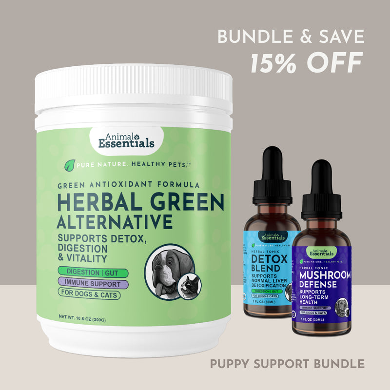 Animal Essentials Puppy Support Bundle featuring herbal formulas and natural supplements to support growth, immunity, and overall wellness in young dogs.