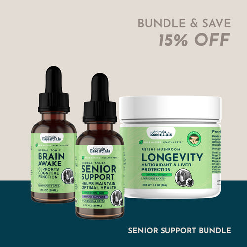 Animal Essentials Senior Support Bundle for dogs and cats, featuring herbal formulas and supplements to support aging pets’ mobility, cognition, and vitality.