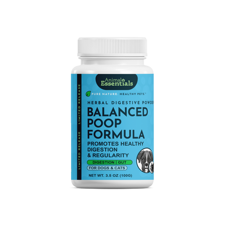 Animal Essentials Balanced Poop Formula herbal digestive powder, 100 g bottle with front label.