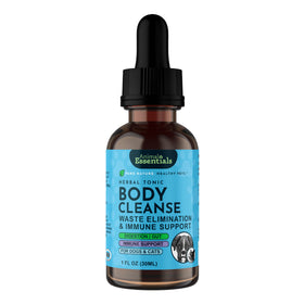 Animal Essentials Body Cleanse Herbal Formula for dogs and cats, made with burdock, dandelion, slippery elm, yellow dock, and turkey rhubarb for detox support.
