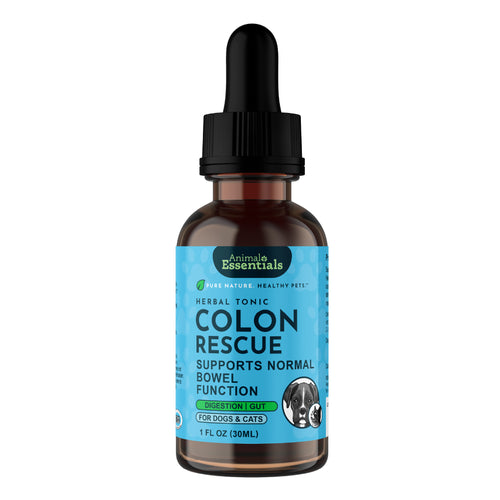 Animal Essentials Colon Rescue Herbal Formula for dogs and cats, a soothing blend of marshmallow, slippery elm, licorice, and plantain for full digestive tract support.