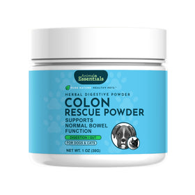 Animal Essentials Colon Rescue Herbal Digestive Powder for dogs and cats, made with marshmallow, slippery elm, licorice, and plantain to support lower GI health.