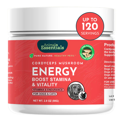 Animal Essentials ENERGY Cordyceps Mushroom 80 g jar with a red label.