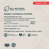 ENERGY Mushroom Powder Product Facts infographic with mushroom ingredient and preparation information.