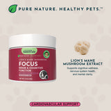 FOCUS jar beside lion's mane mushrooms and an ingredient description.