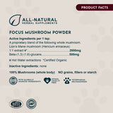 FOCUS Mushroom Powder Product Facts infographic with mushroom ingredient and preparation information.