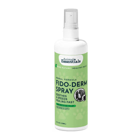 Animal Essentials FidoDerm Herbal Spray for dogs and cats, made with aloe, calendula, and tea tree to soothe itchy, irritated skin and support healing.