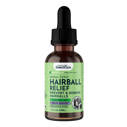 Animal Essentials Hairball Relief Herbal Formula for dogs and cats, crafted with natural ingredients to support healthy digestion and hairball elimination.