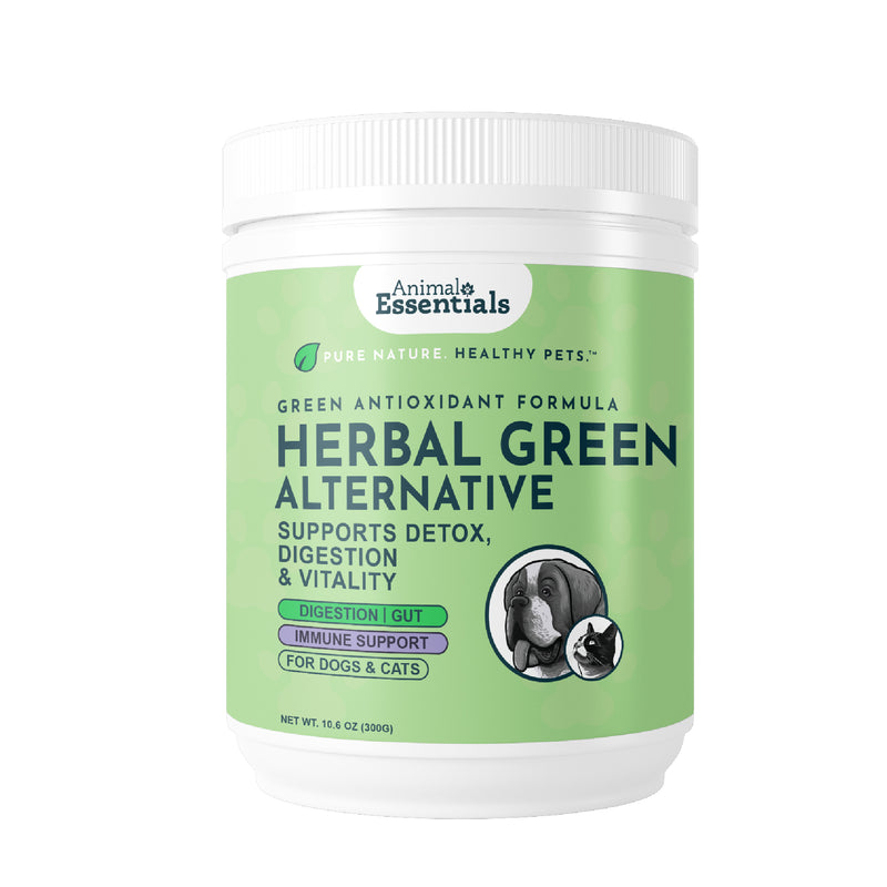 Animal Essentials Herbal Green Alternative Powder for dogs and cats, a nutrient-dense blend of greens and herbs to support detox, digestion, and vitality.