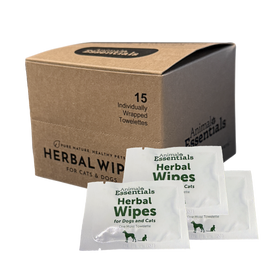 Animal Essentials Herbal Wipes for dogs and cats, infused with aloe, calendula, goldenseal, and olive leaf to gently cleanse and soothe skin and paws.