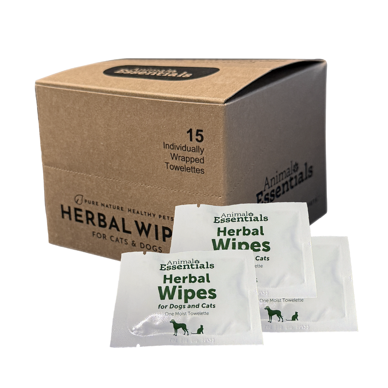 Animal Essentials Herbal Wipes for dogs and cats, infused with aloe, calendula, goldenseal, and olive leaf to gently cleanse and soothe skin and paws.