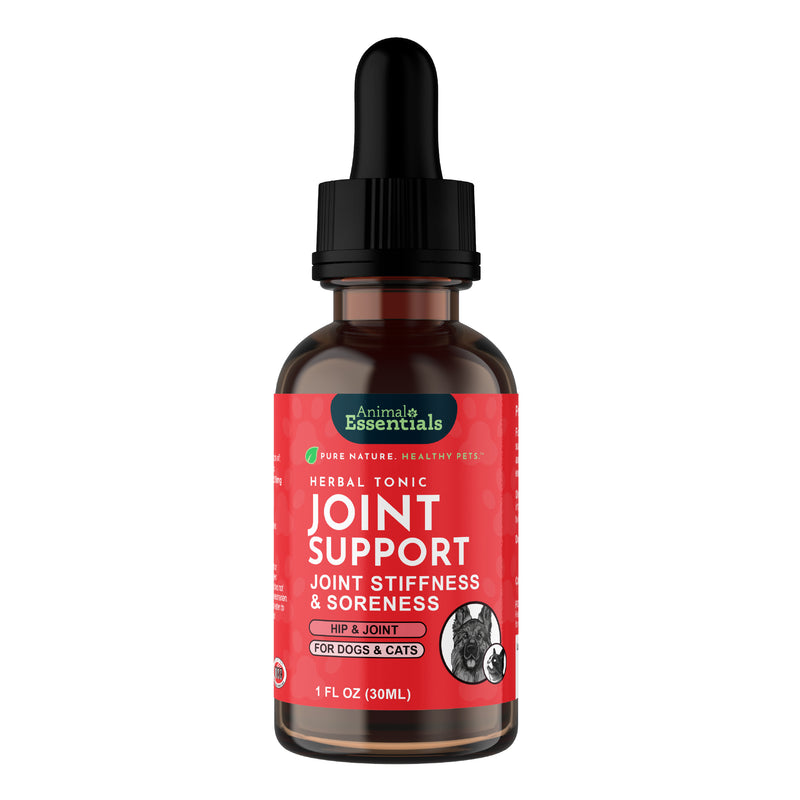 Animal Essentials Joint Support Herbal Formula for dogs and cats, made with alfalfa, burdock, yucca, and licorice to support joint mobility and comfort.
