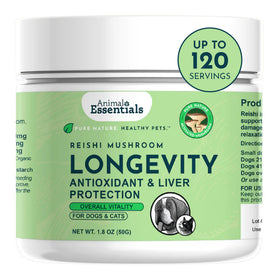 Animal Essentials LONGEVITY Reishi Mushroom 50 g jar with a green label.