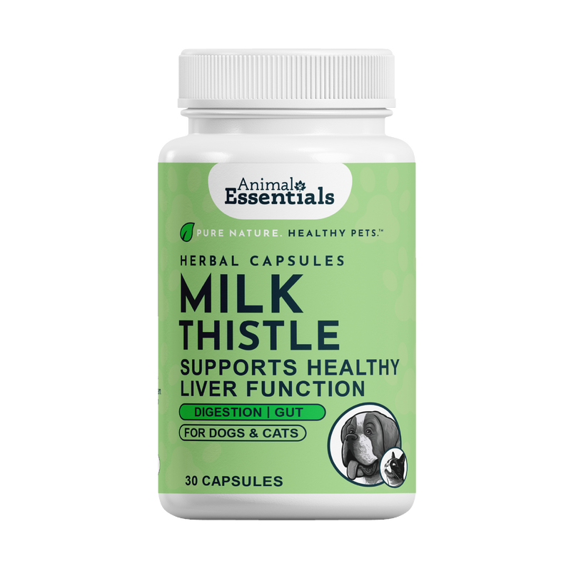 Animal Essentials Milk Thistle Capsules for dogs and cats, formulated to support liver function and detoxification with organic milk thistle seed.