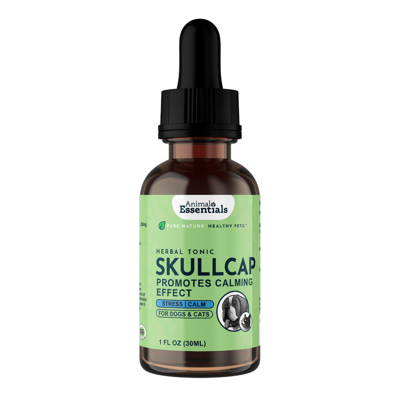 Animal Essentials Skullcap Herbal Formula for dogs and cats, made with organic skullcap to support calm behavior and a healthy nervous system.