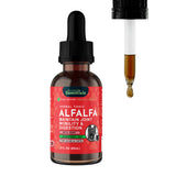 Animal Essentials Alfalfa Herbal Tonic front label on a 2 fl oz bottle beside a filled dropper.
