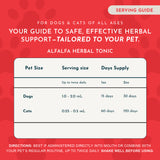 Alfalfa Herbal Tonic serving guide for dogs and cats, with serving sizes and estimated supply for two bottle sizes.