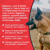 German shepherd beside an Alfalfa Herbal Tonic overview describing digestive and joint support.