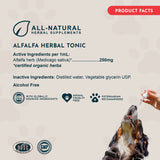 Alfalfa Herbal Tonic Product Facts panel listing active and inactive ingredients, beside a dog receiving a dropper.