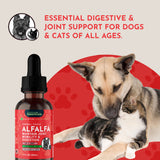 Alfalfa tonic bottle with a dog nuzzling a cat, introducing digestive and joint support.