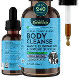 Animal Essentials Body Cleanse herbal tonic, 2 fl oz bottle with front and side labels beside a liquid-filled dropper.