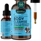 Animal Essentials Body Cleanse herbal tonic, 1 fl oz bottle with front and side labels beside a liquid-filled dropper.