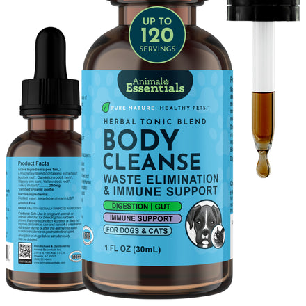 Animal Essentials Body Cleanse herbal tonic, 1 fl oz bottle with front and side labels beside a liquid-filled dropper.