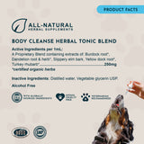Body Cleanse product-facts panel listing active and inactive ingredients, with quality badges and a dog receiving a dropper.