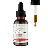 Veterinarian's Apawthecary Bos Curcuma, front of a 2 fl oz dropper bottle beside a liquid-filled dropper.