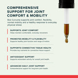 Bos Curcuma benefit graphic listing joint-comfort, mobility and connective-tissue support messages beside a liquid-filled dropper.