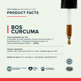 Bos Curcuma product-facts panel listing active and inactive ingredients, with quality badges and a liquid-filled dropper.