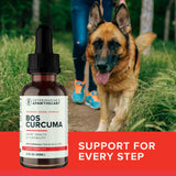 Bos Curcuma bottle in front of a German shepherd walking with its owner, with a support-for-every-step message.