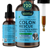 Animal Essentials Colon Rescue herbal tonic, 2 fl oz bottle with front and side labels beside a liquid-filled dropper.