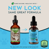 Colon Rescue packaging comparison showing the older illustrated bottle beside the newer blue label, with a same-formula message.