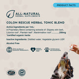 Colon Rescue product-facts panel listing active and inactive ingredients, with quality badges and a dog receiving a dropper.