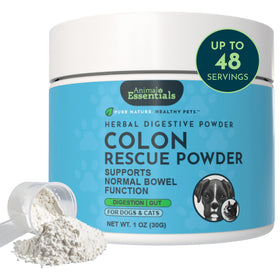 Animal Essentials Colon Rescue Powder, 1 oz jar with a blue label, shown beside a scoop spilling white powder.