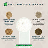 Scoop of white powder surrounded by labeled slippery elm inner bark, licorice root, marshmallow root and plantain leaf.