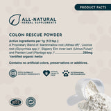 Colon Rescue Powder product-facts panel listing herbal ingredients, with quality badges and a scoop spilling white powder.