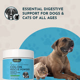 Colon Rescue Powder jar beside a reclining dog and cat, beneath a digestive-support message for dogs and cats.