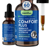 Comfort Plus 1 fl oz bottle shown front and back beside a filled dropper and an up-to-60-servings badge.