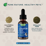 Comfort Plus Herbal Tonic Blend bottle between labeled California poppy and skullcap herbs.