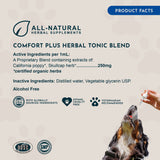 Comfort Plus Herbal Tonic Blend product facts panel listing active and inactive ingredients, with a dog receiving a dropper.