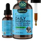 Daily Digestion herbal tonic bottle labeled 2 fl oz, with front and side views beside a liquid-filled dropper.