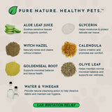 Herbal Ear Rinse ingredient graphic illustrating aloe, glycerin, witch hazel, calendula, goldenseal, olive leaf, water and vinegar.