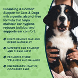 Person holding a tricolor puppy beside Herbal Ear Rinse cleansing and ear-comfort messaging.
