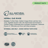Herbal Ear Rinse product-facts panel listing ingredients and an external-use-only warning.