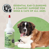 Herbal Ear Rinse bottle beside a large brown-and-white dog and a kitten, with ear-cleansing and comfort messaging.